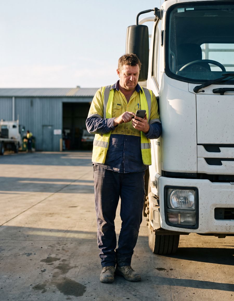 A truck driver in hi-vis standing beside his truck, working through a check on his phone
