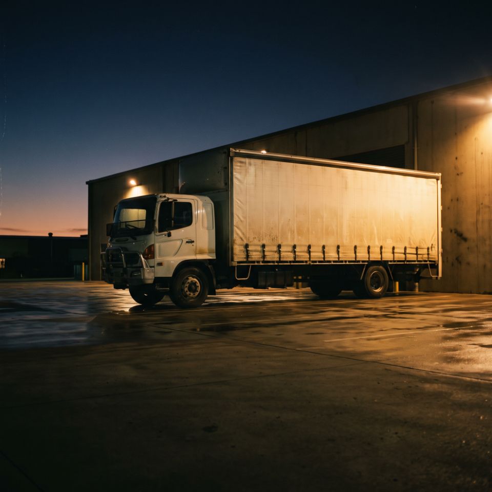A curtain-sided rigid truck parked against a depot wall at dusk, lit by the yard floodlights