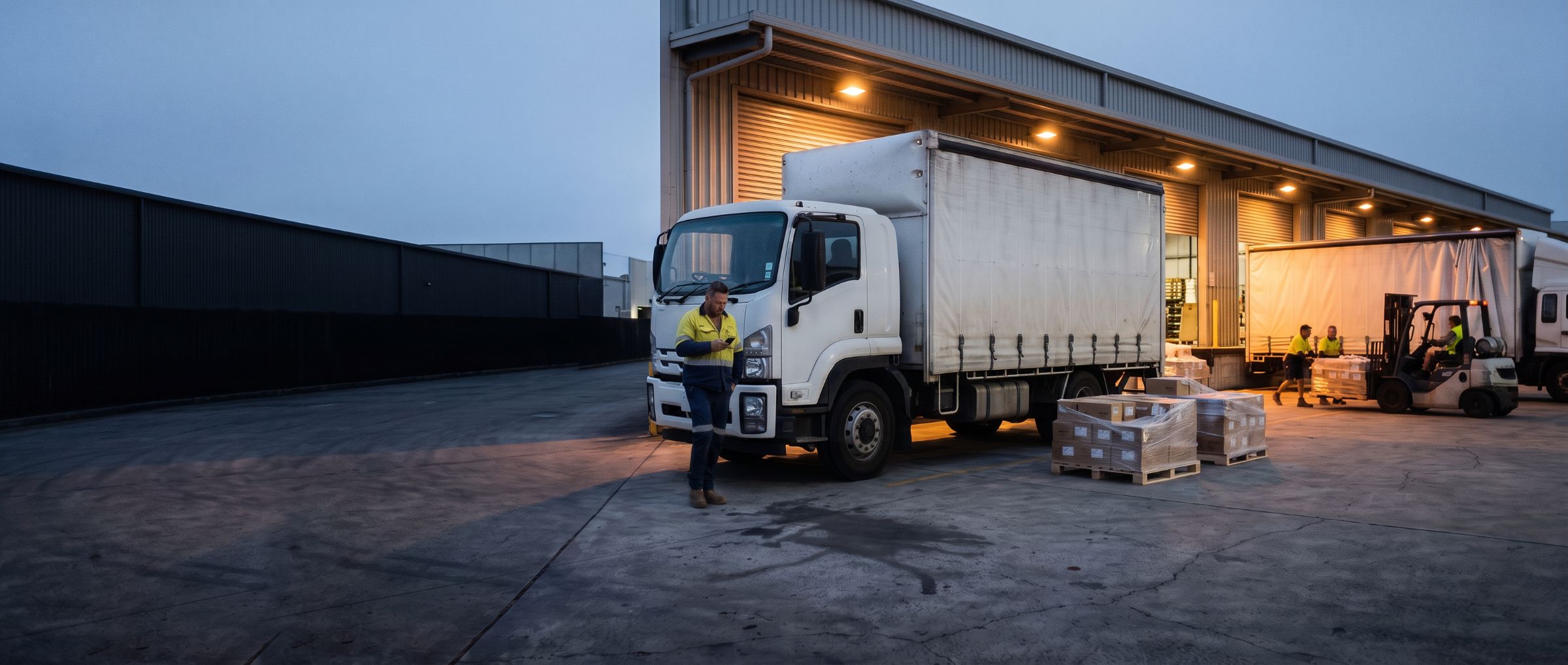 An Australian freight depot before sunrise: a curtain-sided rigid truck at a loading dock, a driver checking his run on a phone, and a forklift working under the dock lights