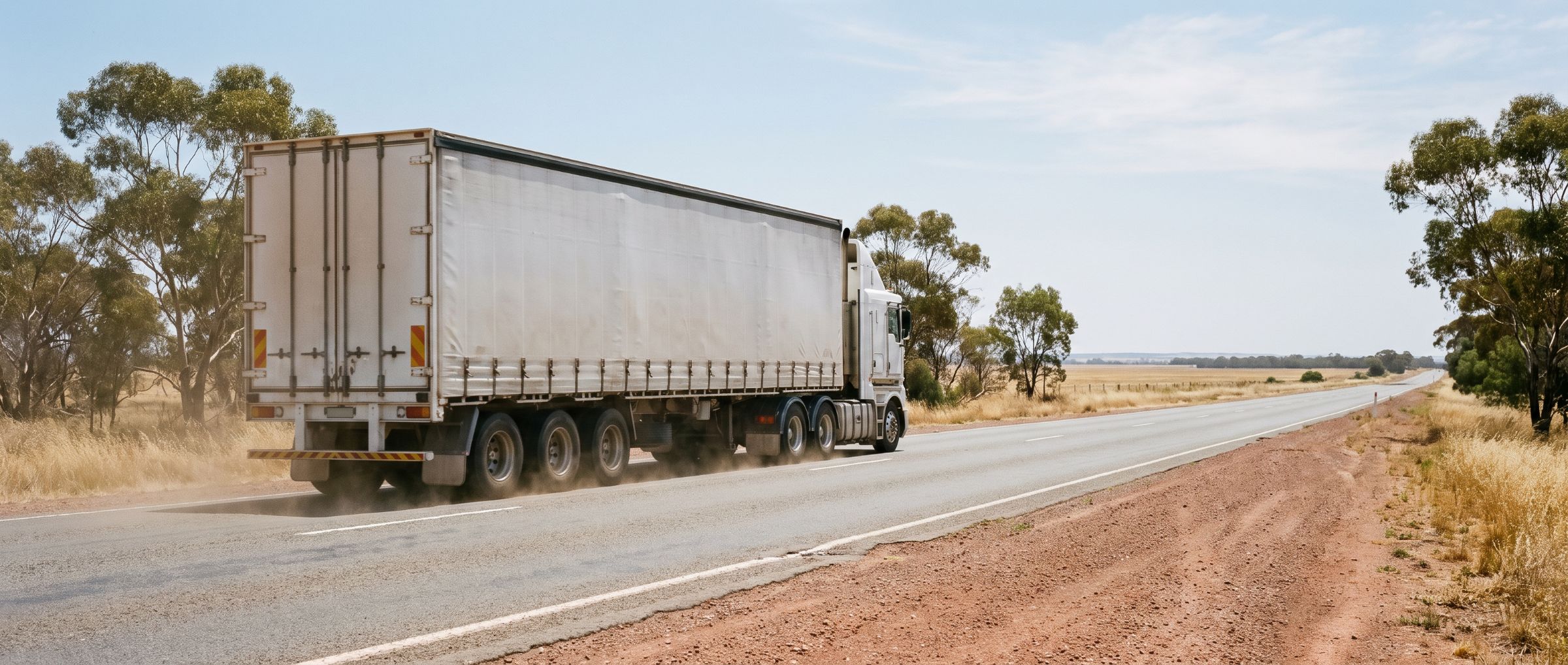 A curtain-sided semi-trailer working a two-lane Australian highway in the middle of the day